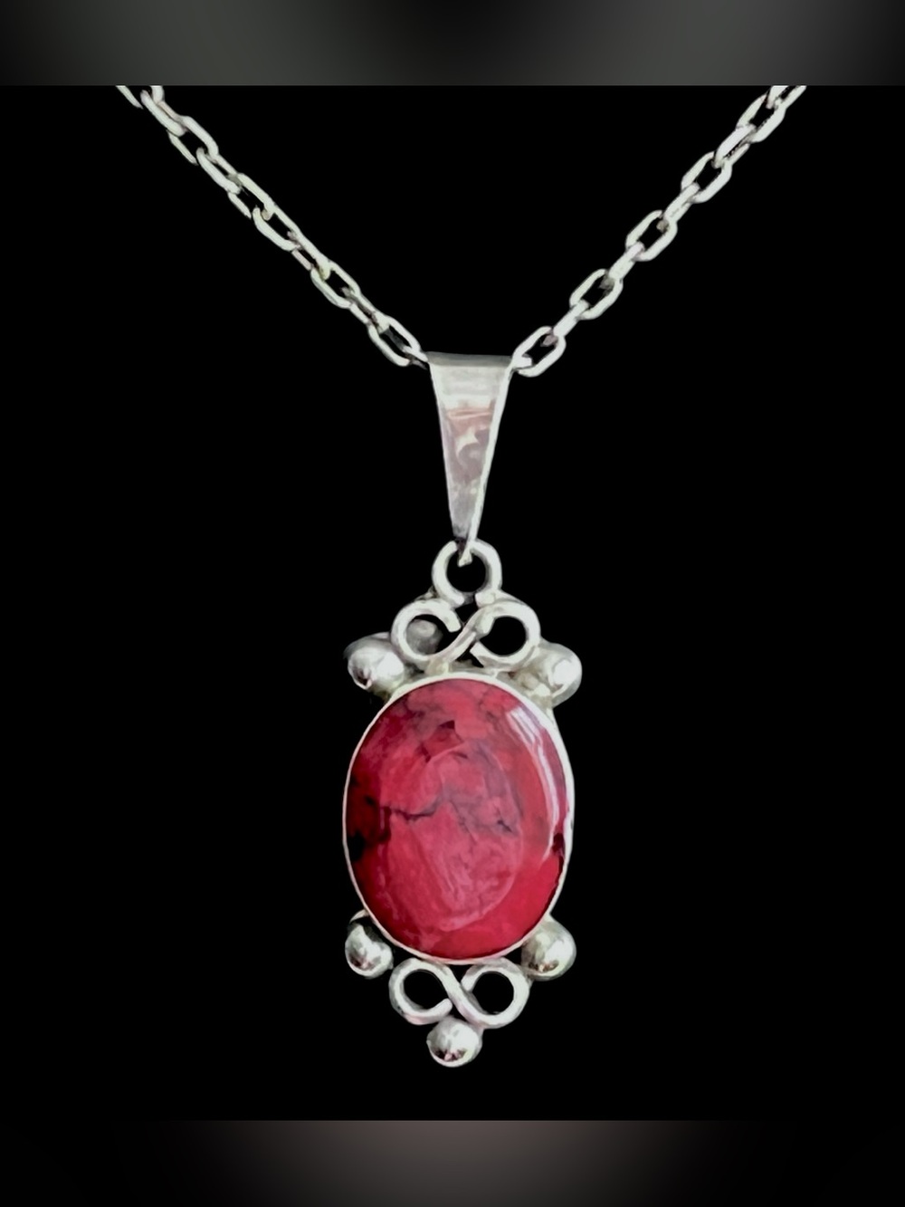Vintage 17g Sterling Silver Red Jasper Oval Scroll Pendant Mexican 925